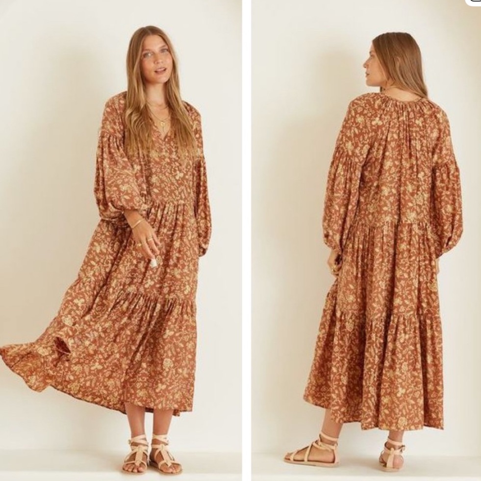 Natalie Martin Briana Silk Maxi Dress Oversized Long Sleeve Maple Floral Xs